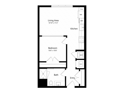 Floor plan for 1 bed, 1 bath, 609 sqft